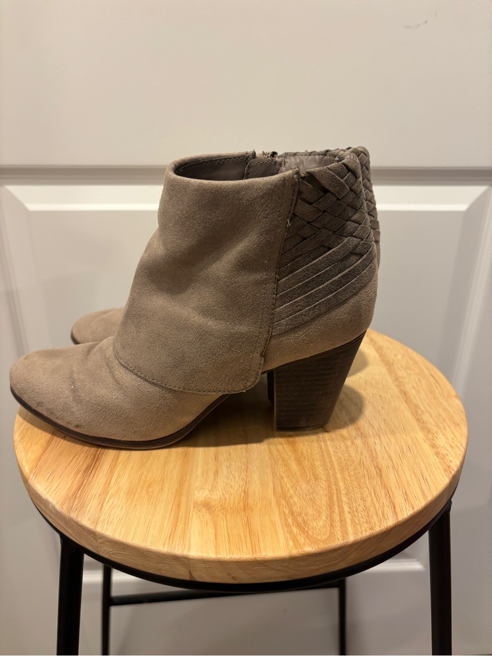 Woven-Accent Taupe Suede Ankle Boot with Block Heel